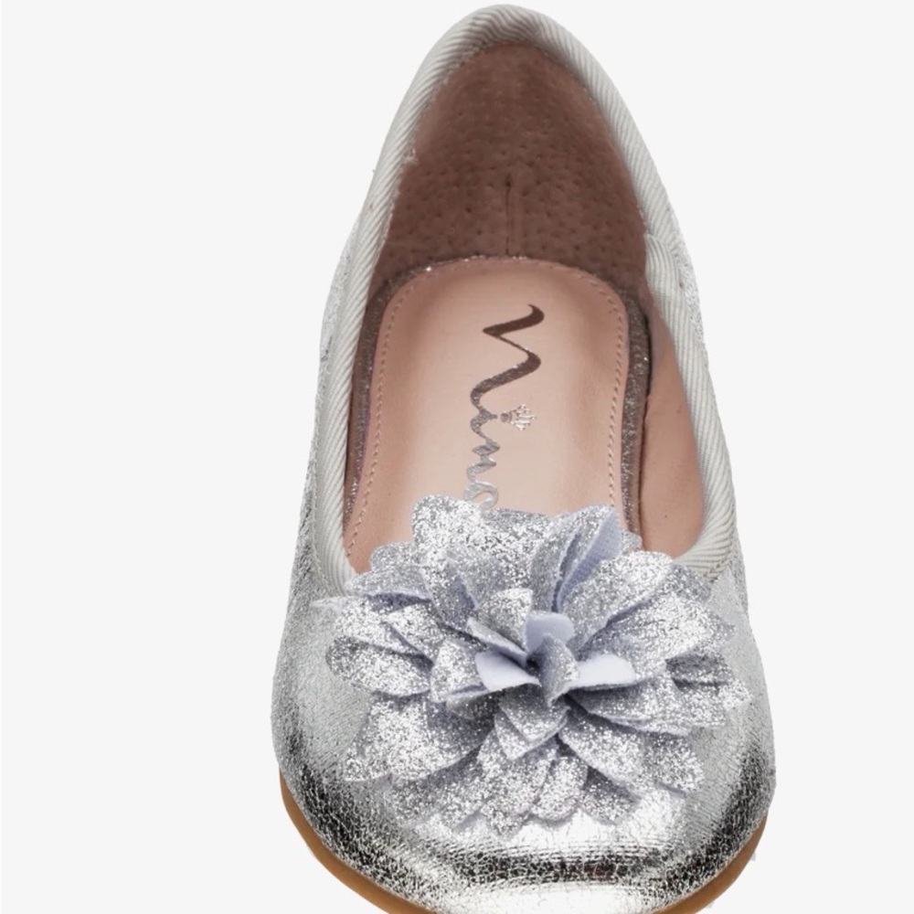 Nina Silver Glitter Girls Flats with Floral Detail - worn once